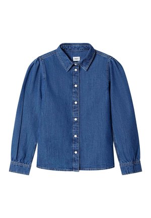 Camisa de mezclilla azul de manga larga con botones, hombros abullonados y cuello, mostrada extendida sobre un fondo blanco.