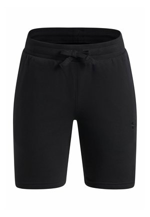 Sorte atletikshorts med elastisk talje og snøre foran, med en lille logo på venstre ben.