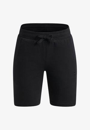 Pantalones cortos deportivos negros con cintura elástica y cordón delantero, con un pequeño logo en la pierna izquierda.