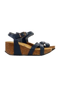 Sandales compensées bleu marine avec semelle intermédiaire en liège, design de lanières croisées, bride cheville réglable et semelle en caoutchouc pour l'adhérence.