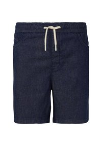 Shorts en denim bleu foncé avec une taille élastique, cordon blanc et deux poches latérales. Texture lisse et coupe droite.