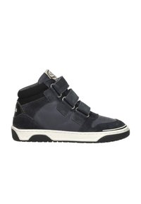 Navy hoge sneakers gemaakt van leer en suède, met drie klittenbandstraps, een witte rubberen zool en een gewatteerde enkelkraag.