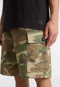 Kárové cargo šortky v mnohotónové zelené a béžové látce s detaily kapes. Oblečeno s černým tričkem s nášivkou loga Vans.