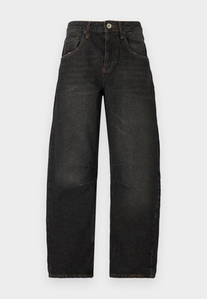 Black denim jeans with a straight-leg design, five pockets, visible stitching, and a front button closure. Textured fabric with slight fading.