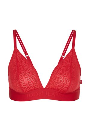 Rote Spitze Bralette mit gewelltem Textur, verstellbaren Trägern und einem soliden Band mit geprägt Logo. Die Dreieckschalen betonen das Design.