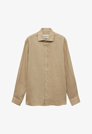 Bež srajca iz lanenega materiala z dolgimi rokavi, s koničastim ovratnikom in gumbom na sprednji strani. Ima rahlo teksturirano tkanino in ravno spodnjo obrobo.