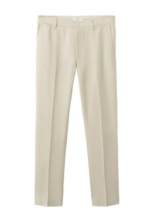 Pantalon beige ajusté avec passants pour ceinture, poches latérales et fermeture éclair à l'avant, présenté à plat sur un fond blanc.