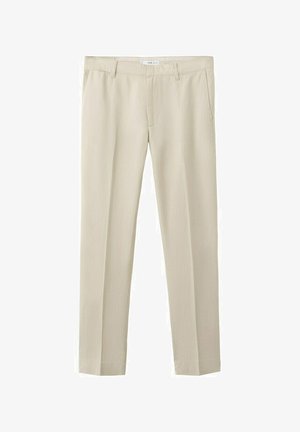 Béžové kalhoty s úzkým střihem, poutky na opasek, bočními kapsami a předním zapínáním na zip, zobrazené na bílém pozadí.