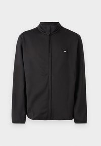 Black zip-up jacket made of smooth fabric with a high collar and long sleeves. Features a small logo on the chest. Minimalist design.