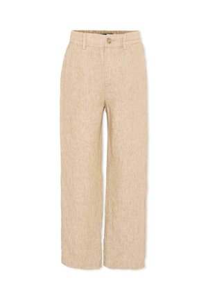 Pantalon beige en lin à jambes droites avec taille élastique, fermeture à bouton, passants pour ceinture et poches latérales.
