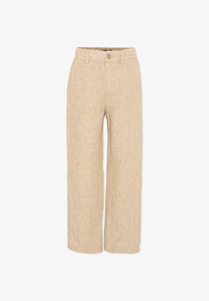 Pantaloni beige in lino a gamba dritta con vita elasticizzata, chiusura con bottone, passanti per cintura e tasche laterali.
