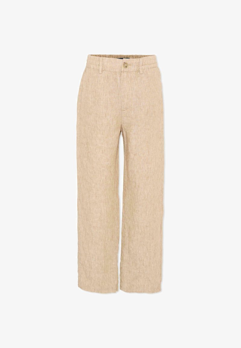 Pantaloni beige in lino a gamba dritta con vita elasticizzata, chiusura con bottone, passanti per cintura e tasche laterali.