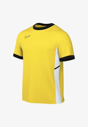 Maglietta sportiva gialla a maniche corte con colletto e bordi delle maniche neri, pannelli laterali in rete bianca e logo Nike Swoosh nero sul petto.