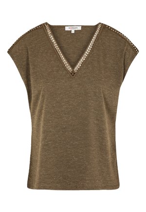Olive green short-sleeved top with a V-neckline, embellished with metallic accents along the neckline and shoulders, made from lightweight fabric.