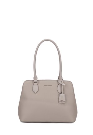 Sac à main structuré gris clair avec deux poignées, surface texturée et logo de la marque "David Jones" à l'avant, avec une petite étiquette décorative suspendue.