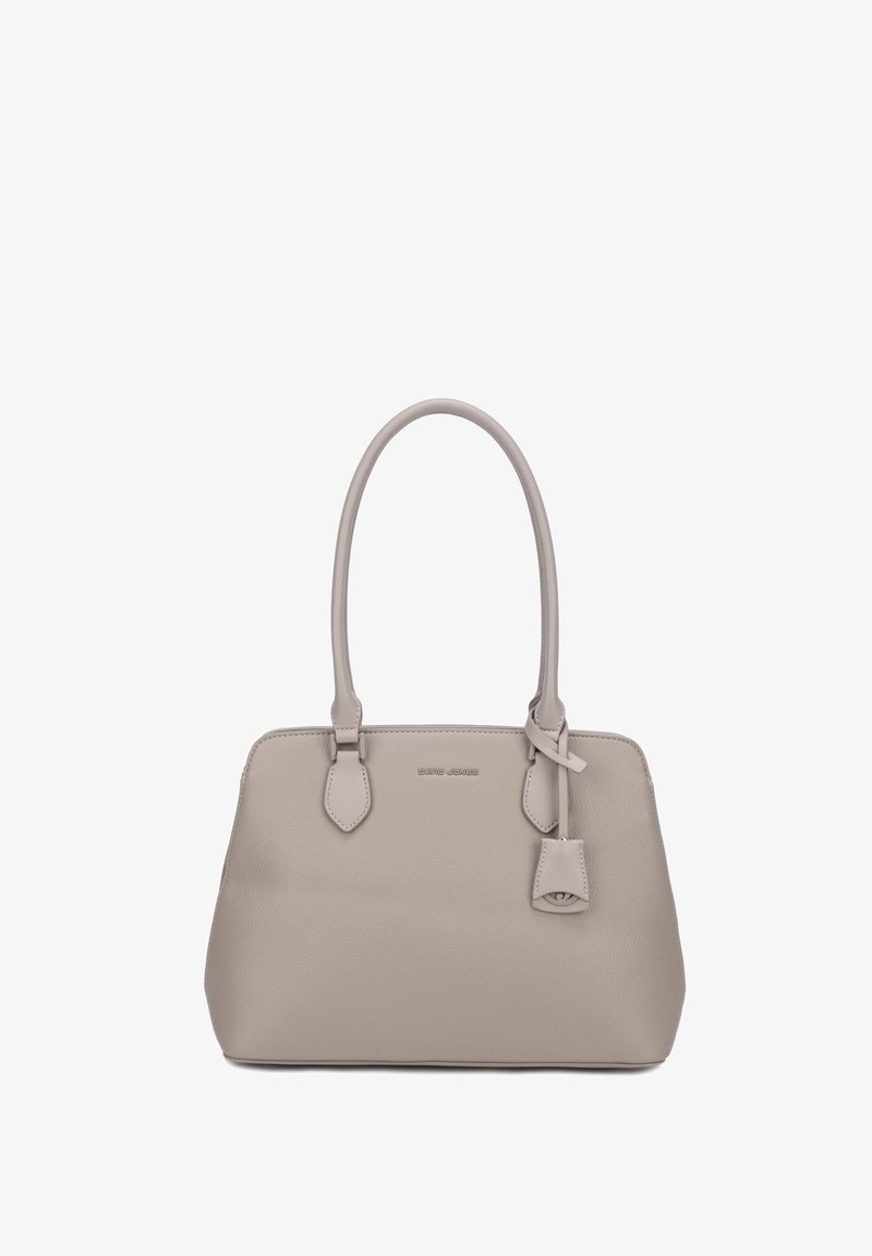 Sac à main structuré gris clair avec deux poignées, surface texturée et logo de la marque "David Jones" à l'avant, avec une petite étiquette décorative suspendue.