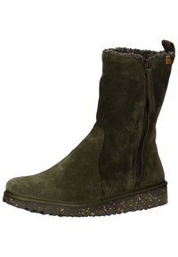 Olive green suede ankle boot with a textured rubber sole, side zipper, and cozy gray lining. Smooth surface and sleek design.