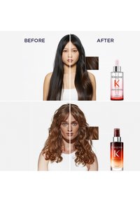 Porównanie w czterech panelach przedstawiające dwie kobiety: długie proste włosy przed (czarne) i po - falowane włosy (czerwone). Obok każdej znajdują się produkty Kérastase.