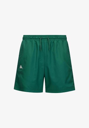Shorts de sport verts en matériau léger ; taille élastique avec cordon de serrage ; logo blanc sur le bas à gauche.