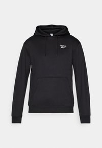 Čierna mikina s kapucňou vyrobená z bavlnenej zmesi, s prednou vreckom, kapucňou so šnúrkou a bielym logom Reebok na hrudi.