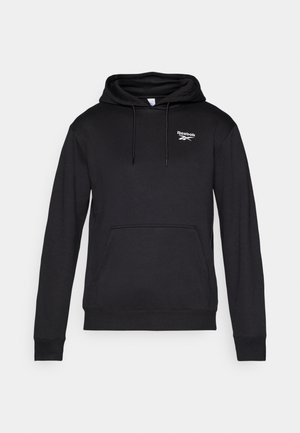 Sweatshirt capuz preto feito de uma mistura de algodão, com um bolso frontal, capuz com cordão e logotipo branco da Reebok no peito.