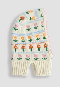 Pletená krémová bavlnená golier s rebrovým krkom a pastelovými kvetinovými a hubovými vzormi v ružovej, oranžovej, zelenej a modrej farbe.