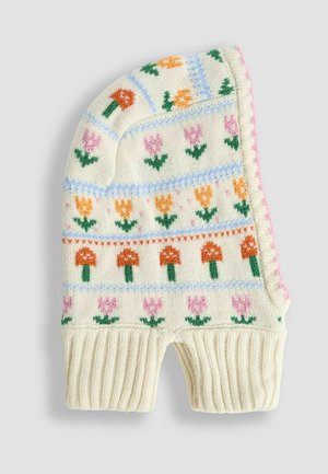 Gestrickte cremefarbene Balaklava mit geripptem Hals und pastellfarbenen Blumen- und Pilzmuster in Rosa, Orange, Grün und Blau.