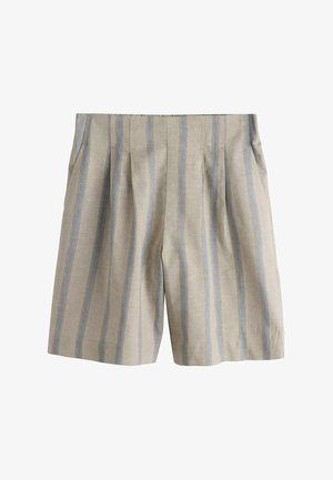 Beežid lühikesed püksid, millel on vertikaalsed helesinised ja hallid triibud, volditud esikülg ja küljetaskud, valge tausta ees.