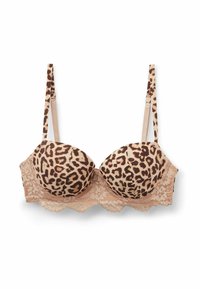 Soutien-gorge rembourré en imprimé léopard avec des bordures en dentelle, couleurs beige et marron, bretelles ajustables et bords festonnés sur la bande.