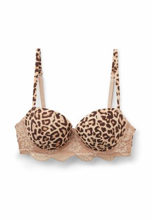 Soutien-gorge rembourré en imprimé léopard avec des bordures en dentelle, couleurs beige et marron, bretelles ajustables et bords festonnés sur la bande.