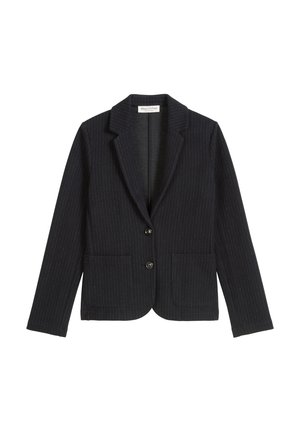 Donker marineblauw colbert met verticale krijtstrepen, twee voorzakken, een knoopsluiting en revers met inkeping; gemaakt van een gestructureerde stof.