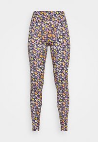 Legginsy w kwiaty na granatowym tle, z żywym wzorem wielokolorowych kwiatów. Elastyczny pasek w talii i dopasowany krój.