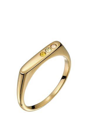 Gold ring with a flat top featuring three small round gemstones in yellow, light green, and pale pink colors.