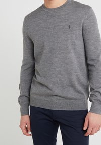 Grå stickad tröja med långa ärmar och rund halsringning. Har en liten mörk logotyp på bröstet. Mjuk textur och figursydd design.