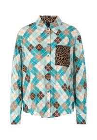 Checkered button-up shirt in turquoise, brown, and cream, featuring a leopard-print pocket, with long sleeves and a collar.