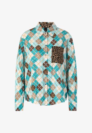 Checkered button-up shirt in turquoise, brown, and cream, featuring a leopard-print pocket, with long sleeves and a collar.