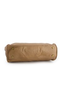 Brown leather bag with a rectangular shape, featuring visible stitching and brass rivets on the base for durability. Smooth texture.