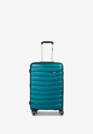 Teal harde koffer met een textuur en zigzagpatroon; voorzien van zwarte accenten, een uitschuifbare handgreep en vier wielen voor mobiliteit.