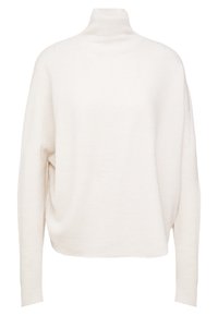 Pull en maille côtelée de couleur crème à col roulé et manches longues, avec une coupe décontractée, fabriqué dans un matériau doux, présentant une texture de tricot sans couture et des épaules tombantes.