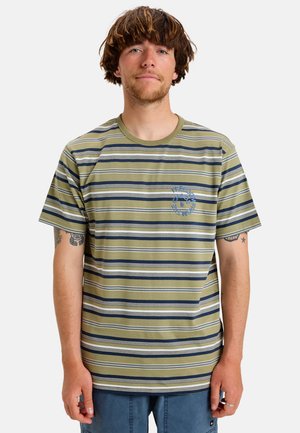 Short-sleeve striped t-shirt featuring a green, navy, and white color palette, with a crew neck and small logo detail on the chest.