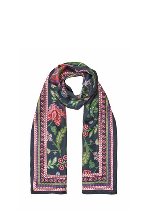 Dunkelblauer Schal mit bunten Blumen- und Blattmustern und pinken sowie grünen geometrischen Bordüren, zu einer Schlaufe gelegt.