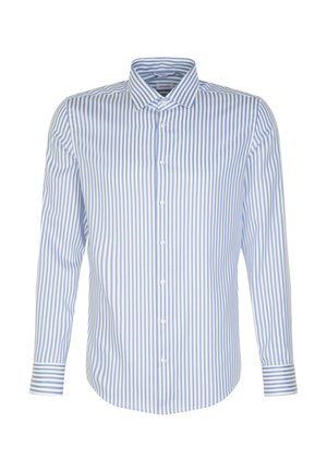 Herren Langarmhemd, hellblau mit weißen Streifen, knöpfbarer Frontverschluss, klassischer Kragen, Baumwollstoff, glatte Textur, abgerundeter Saum.