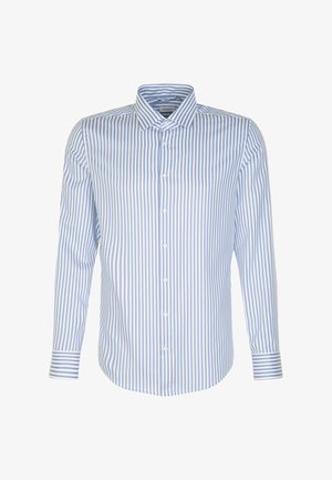 Camicia a maniche lunghe da uomo, righe azzurre e bianche, chiusura con bottoni, colletto classico, tessuto di cotone, texture morbida, orlo curvo.