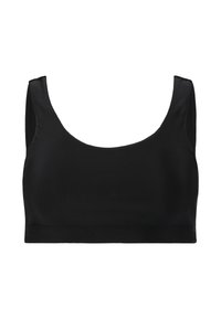 Musta urheiluliivi, joka on valmistettu sileästä, joustavasta kankaasta. Siinä on leveä, pyöreä kaula-aukko, paksut hihnat ja minimalistinen muotoilu.