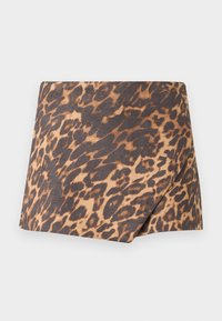 Minirock mit Leopardenmuster und diagonalem Vorderüberlap, braun-schwarz Muster auf beigefarbener Stoff, gerader Saum.