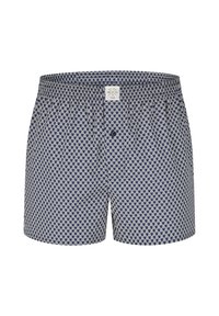 Námořnické modré boxerky vyrobené z bavlny; vzorované bílými geometrickými tvary. Obsahují elastický pas a knoflík vpředu.