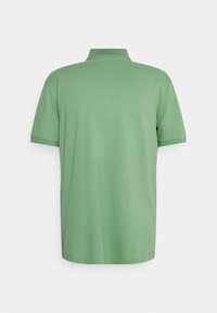 Zelená pólová trička, krátké rukávy, klasický límeček, měkký bavlněný materiál, jednobarevná s hladkou texturou, bez dalších vzorů nebo akcentů.