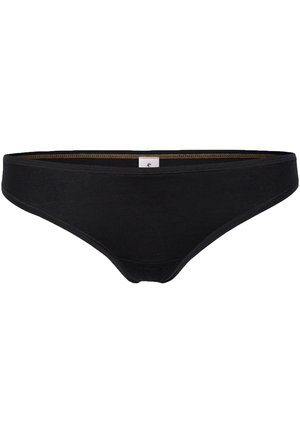 Schwarze Baumwoll-Bikini-Brief mit glatter Textur, schmalem Bund und einem kleinen Logofähnchen auf der Vorderseite. Einfaches und figurbetontes Design.