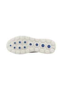 Suela de zapato de goma blanca, con patrones circulares y acentos azules. Superficie texturizada con agujeros de ventilación para permitir la transpirabilidad.