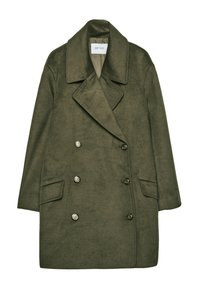 Olivno zeleni dvoslojni plašč iz mehkega blaga. Ima velike reverje, dva sprednja žepa in srebrne gumbe.